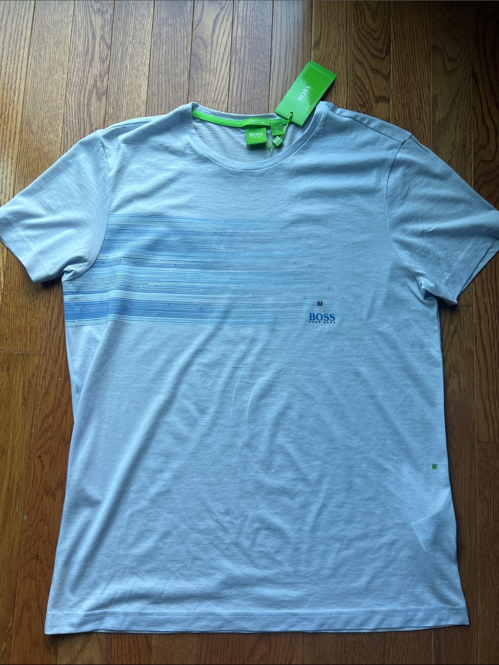 BOSS Light Blue Short Sleeve Crew Neck Tee with Subtle Stripe Graphic